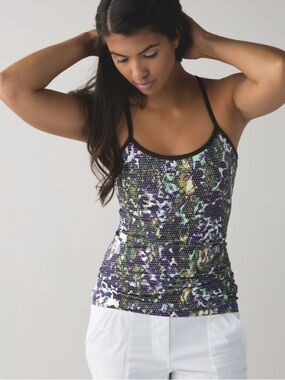 Lululemon Power Y Tank Floral Sport White Multi / Gator Green size 6